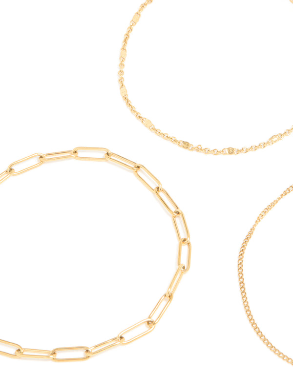 Waterproof Gold Plated Stainless Steel Mixed Chain Bracelets 3-Pack
