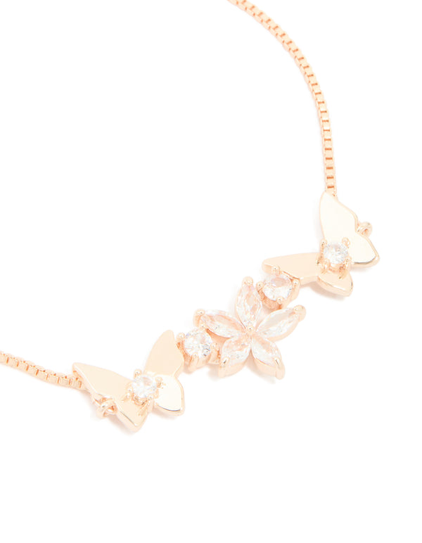 Rose Gold Plated Cubic Zirconia Flower & Butterfly Toggle Bracelet