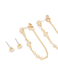 Gold Plated Cubic Zirconia Stud & Chain Earrings 4-Pack - link has visual effect only