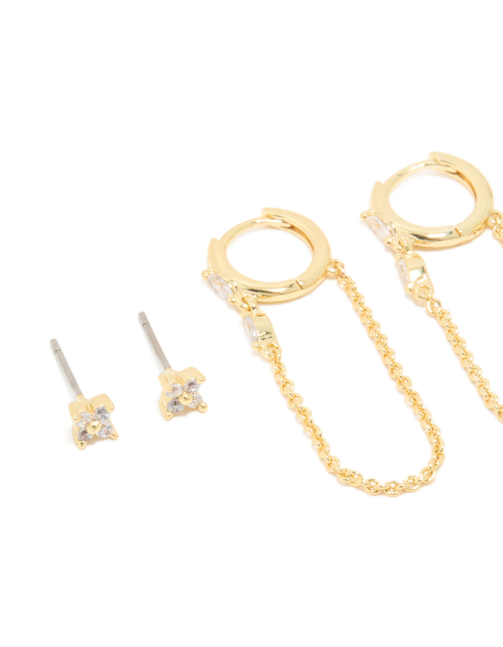Beautifully crafted gold plated cubic zirconia flower studs and huggie earrings 4-pack with charm and floral features close up view