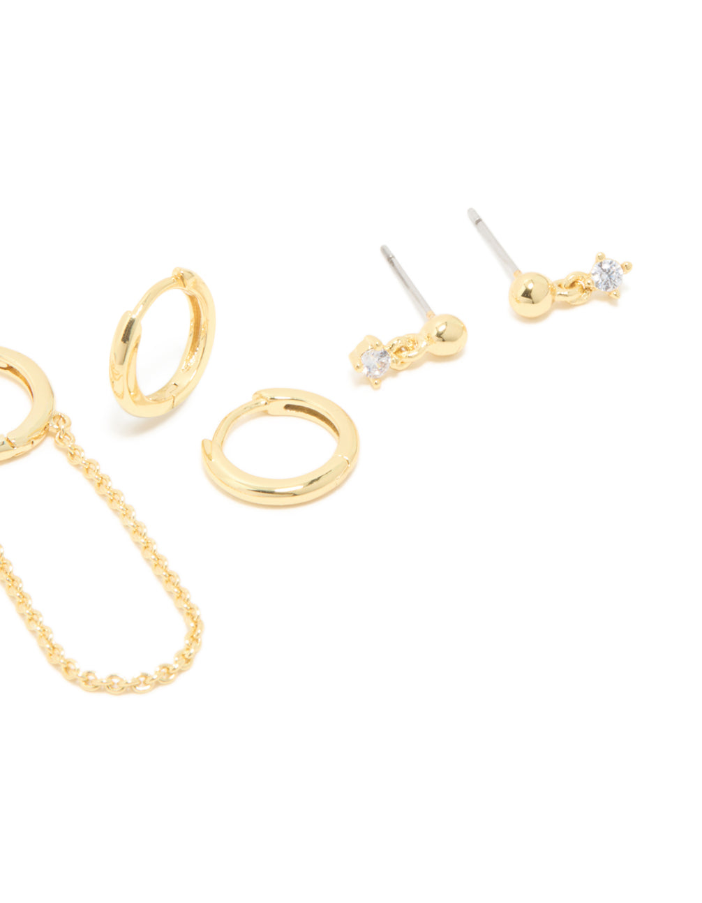 Beautifully crafted gold plated cubic zirconia flower studs and huggie earrings 4-pack with charm and floral features close up view