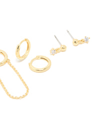 Gold Plated Cubic Zirconia Flower Studs & Huggie Earrings 4-Pack - link has visual effect only