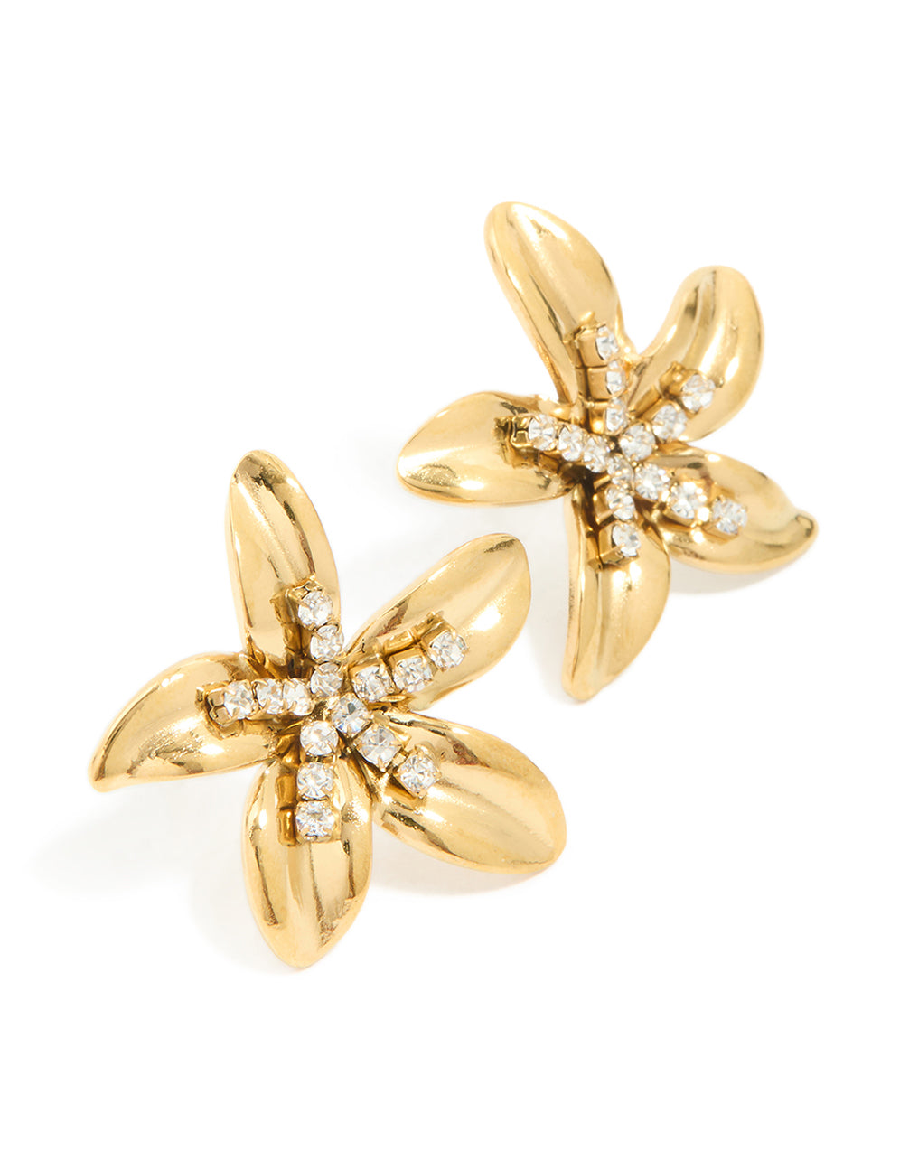 Showcasing floral design stud earrings crafted from waterproof gold plated stainless steel with cubic zirconia stones and crystal accents in clear front view