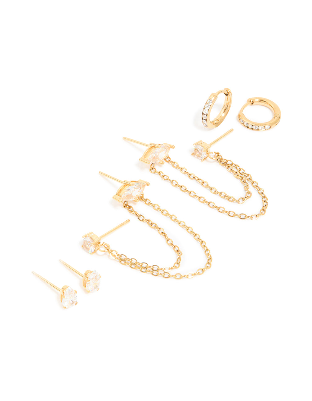 Discover waterproof gold plated stainless steel cubic zirconia marquise clicker and studs in a 3-pack with huggie closure front view