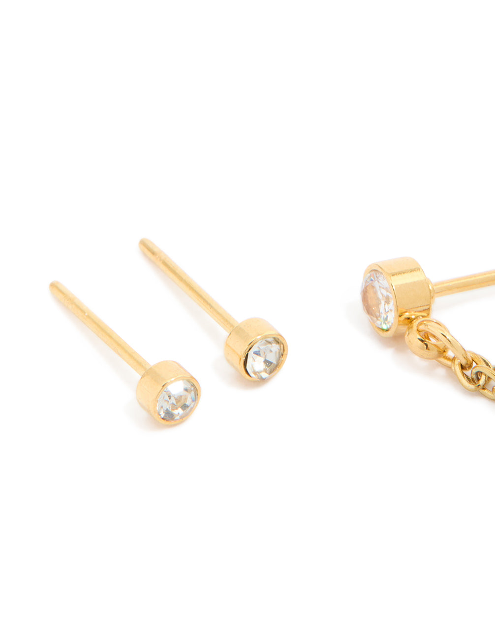 Crafted from waterproof gold plated stainless steel, this 3-pack showcases stud earrings with opal bezel and chain accents close up view