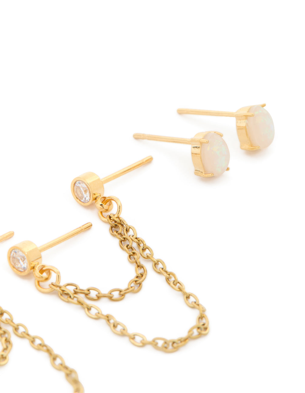 Featuring waterproof gold plated stainless steel construction, this 3-pack presents stud earrings with opal bezel and delicate chain elements post detail view