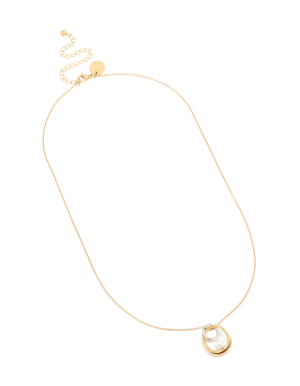 Showcasing this waterproof mixed metal plated stainless steel open pearl pendant necklace with oval design in gold and silver front view