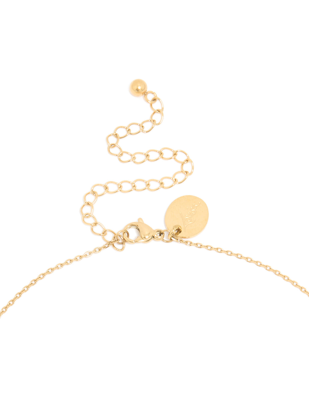 Designed with waterproof mixed metal plated stainless steel open pearl pendant necklace featuring oval design in gold and silver clasp detail view