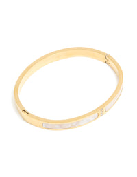 Waterproof Gold Plated Stainless Steel Pearl Inlay Hinge Bangle - link has visual effect only