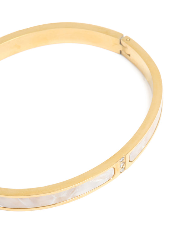 Waterproof Gold Plated Stainless Steel Pearl Inlay Hinge Bangle