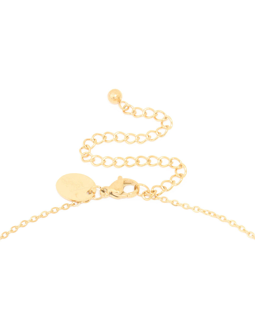 Highlighting a waterproof letter D necklace in gold plated stainless steel with initial pendant clasp detail view
