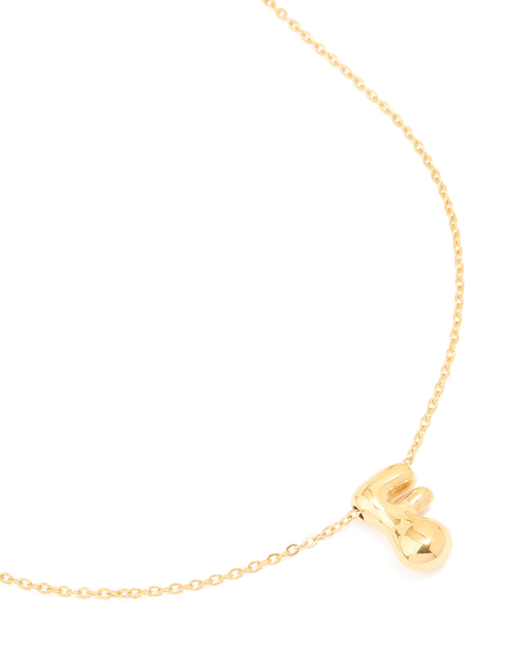Beautifully crafted bubble letter F initial pendant necklace with waterproof gold plated stainless steel dainty style close up view