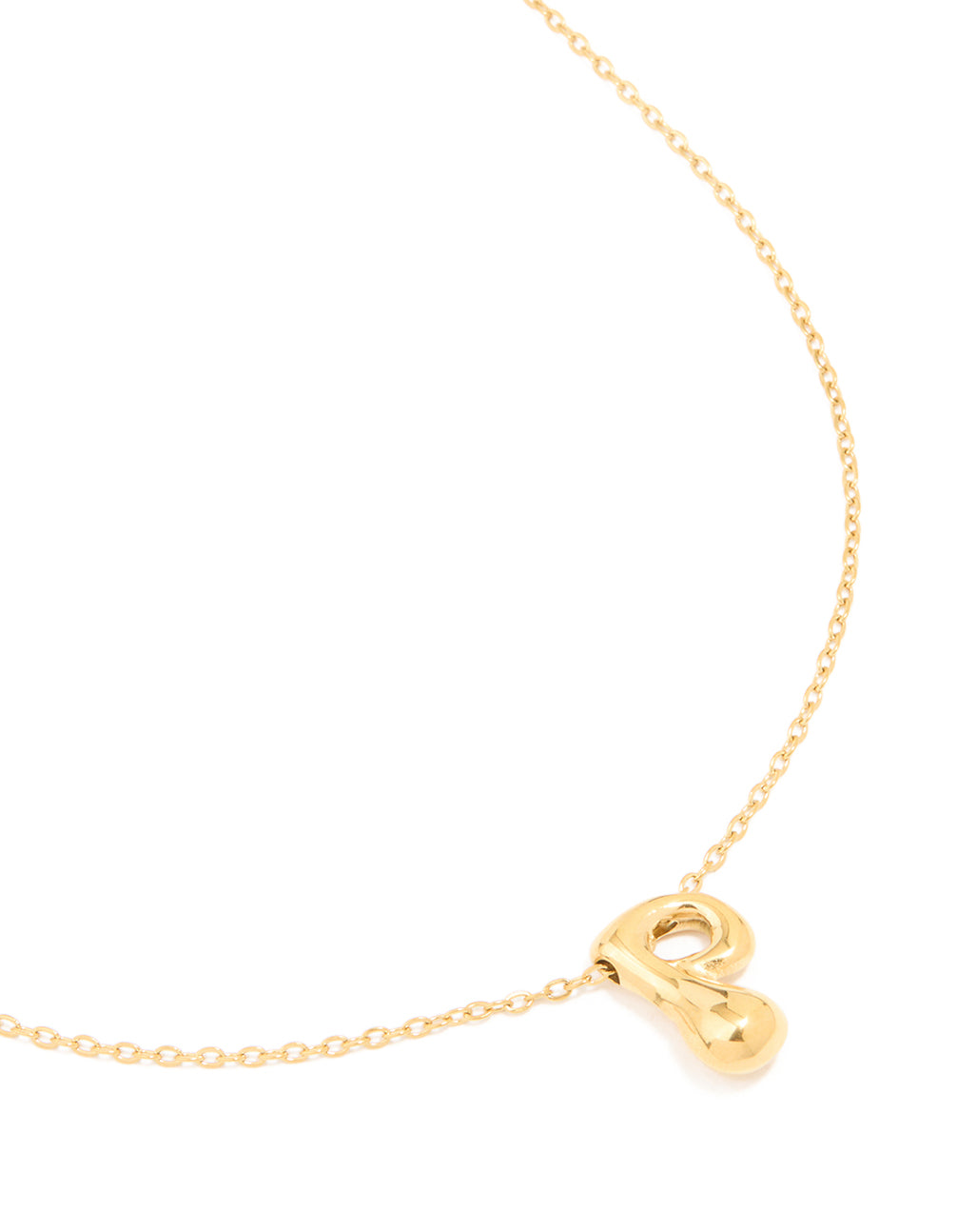 Discover a waterproof gold plated stainless steel large bubble letter P necklace featuring initial pendant close up view