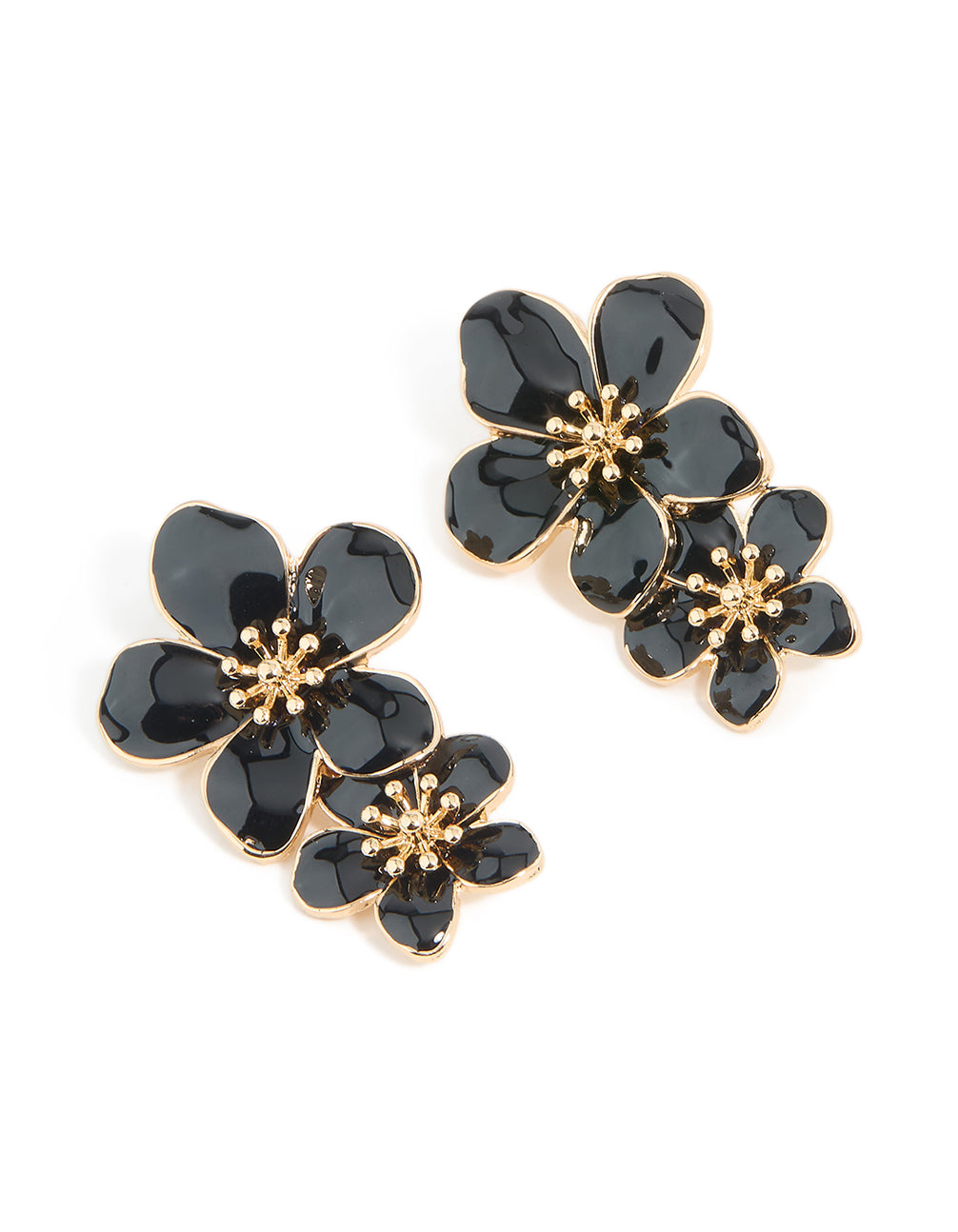 Gold Black Enamel Double Flower Drop Earrings