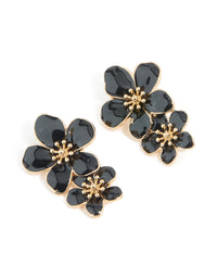 Gold Black Enamel Double Flower Drop Earrings - link has visual effect only