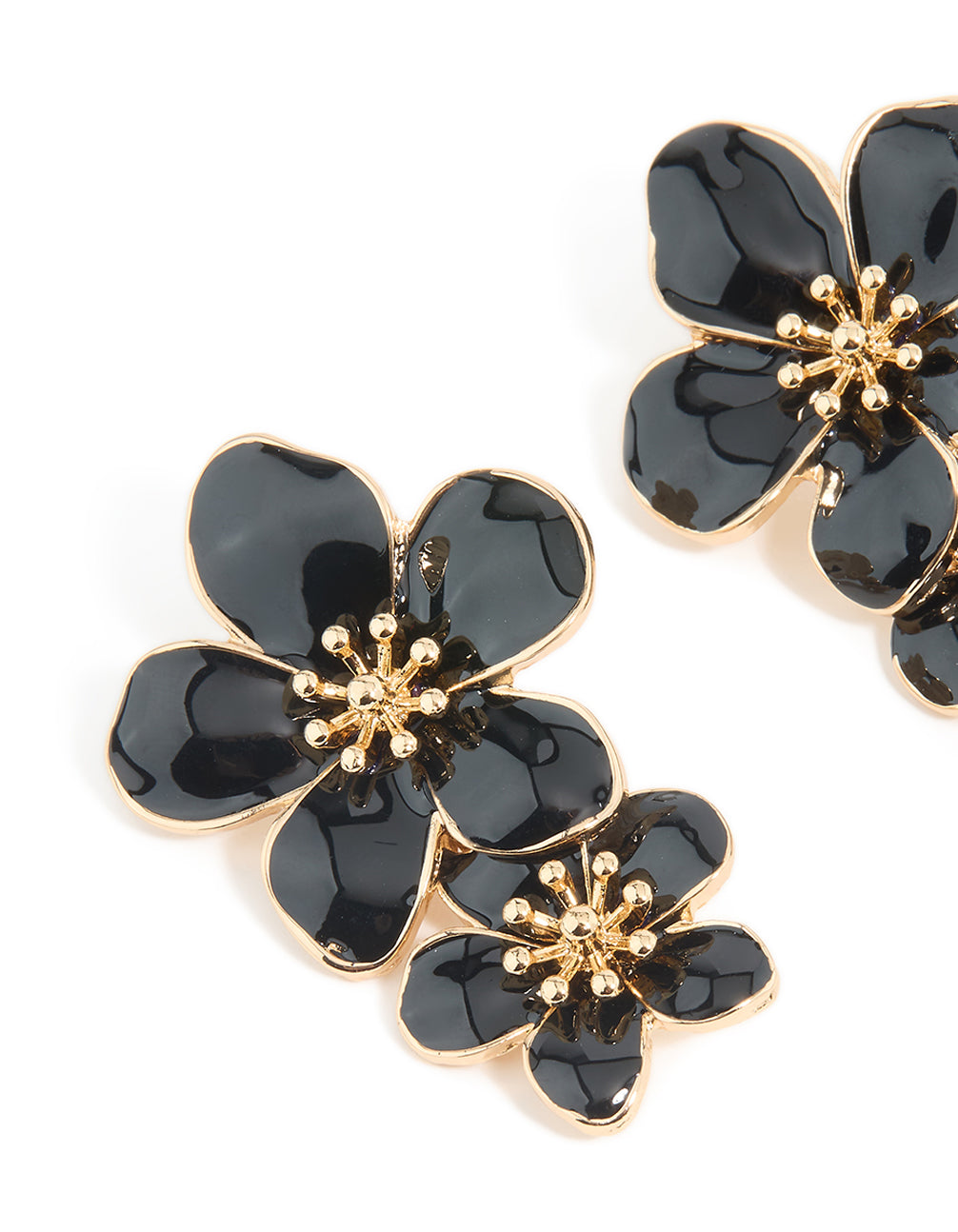 Gold Black Enamel Double Flower Drop Earrings