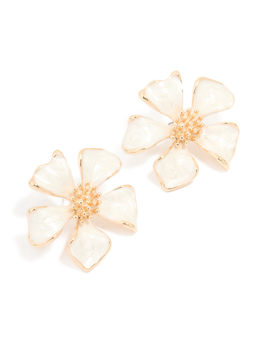 Gold White Enamel Flower Stud Earrings