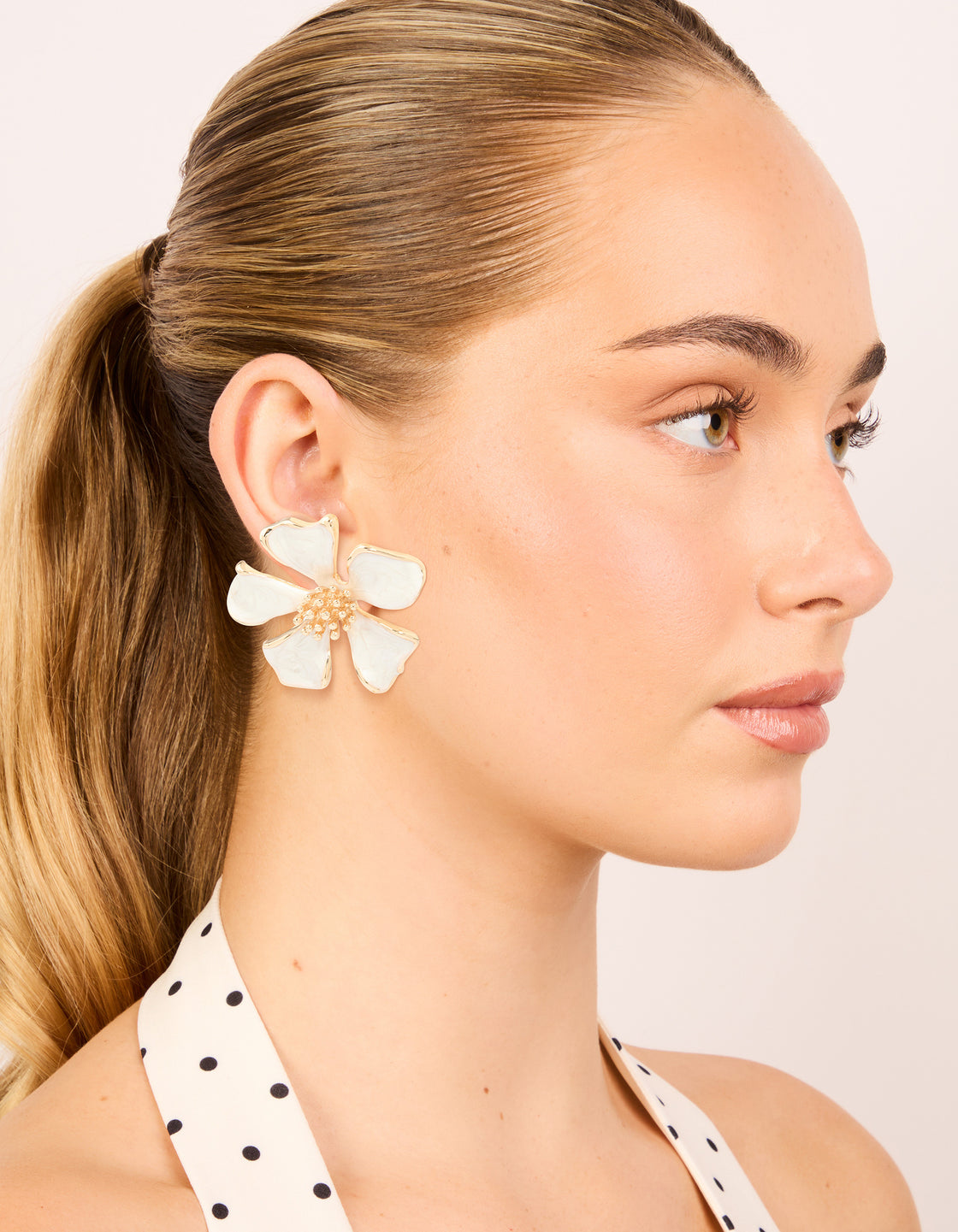 Gold White Enamel Flower Stud Earrings