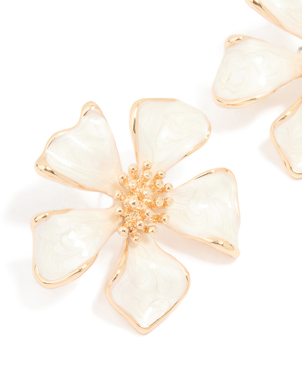 Gold White Enamel Flower Stud Earrings