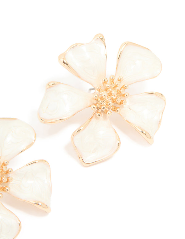 Gold White Enamel Flower Stud Earrings