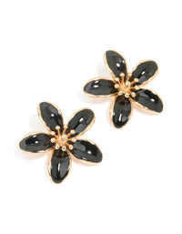 Gold Black Enamel Small Flower Stud Earrings - link has visual effect only