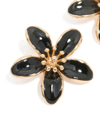 Gold Black Enamel Small Flower Stud Earrings - link has visual effect only