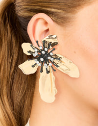 Gold Diamante Flower Statement Stud Earrings - link has visual effect only