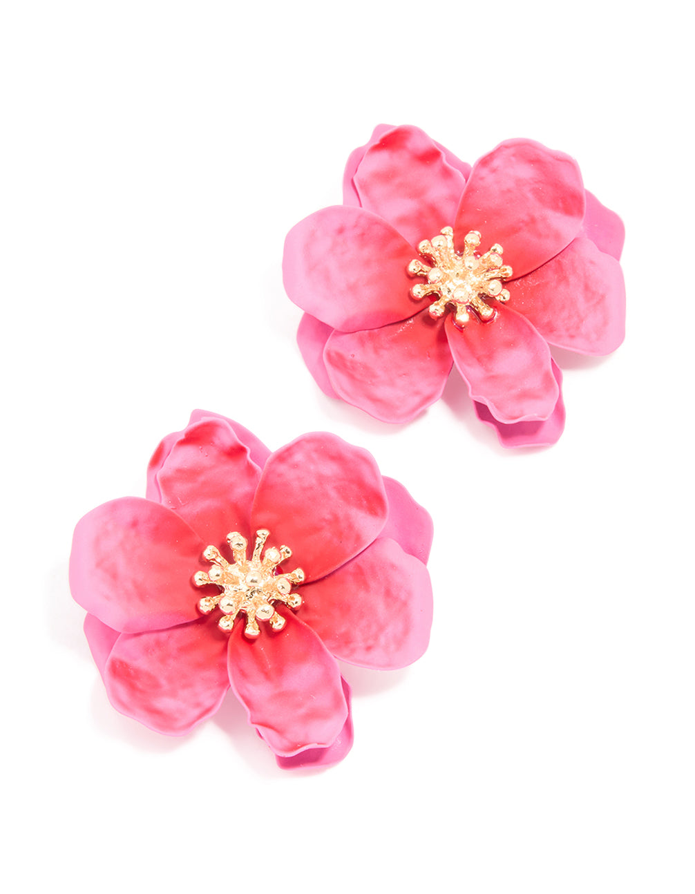 Gold Pink Coated Metal Textured Flower Stud Earrings