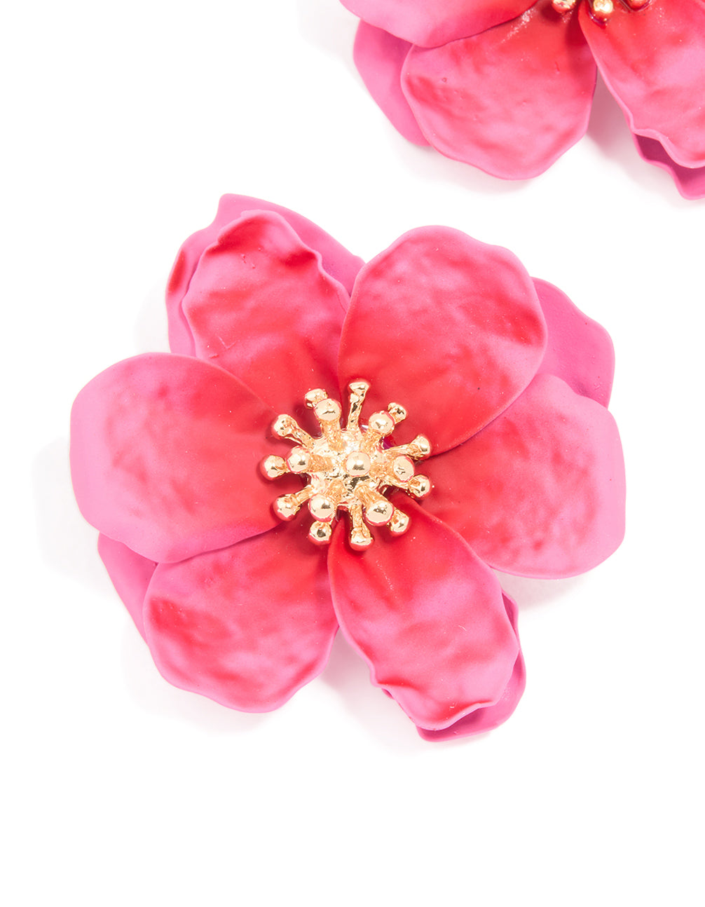 Gold Pink Coated Metal Textured Flower Stud Earrings