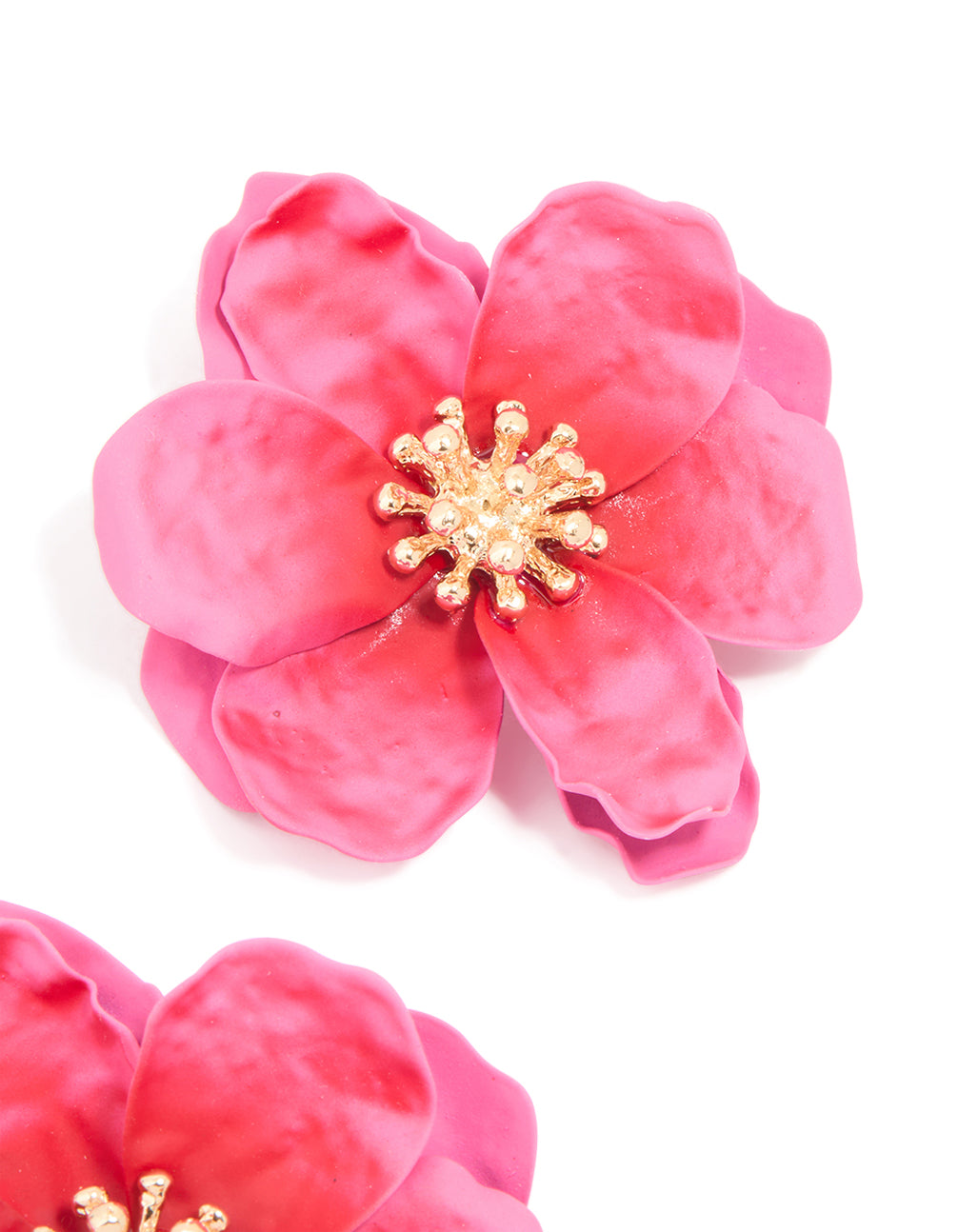 Gold Pink Coated Metal Textured Flower Stud Earrings