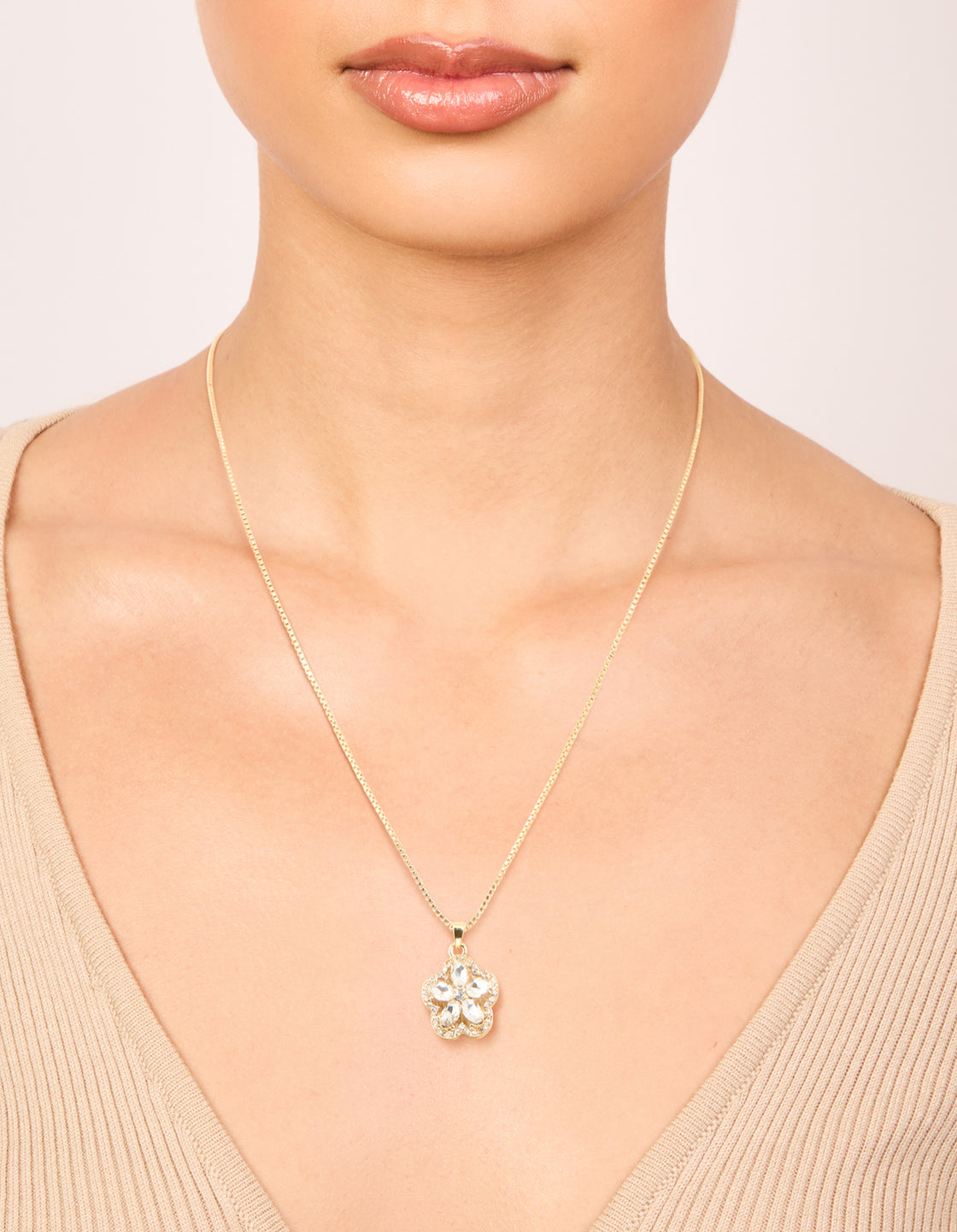 Gold Plated Diamante Flower Pendant Necklace