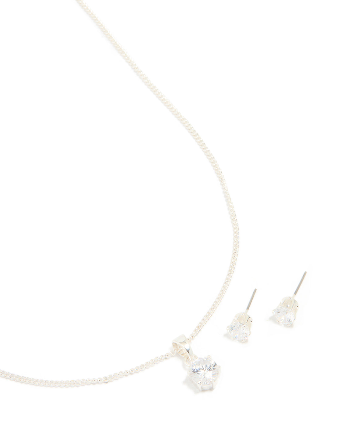 Silver Plated Cubic Zirconia Solitaire Necklace & Stud Earrings Set