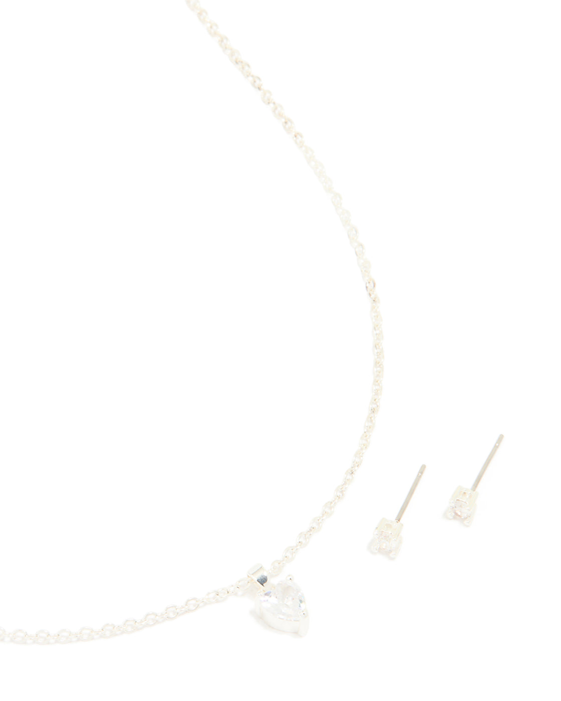 Silver Plated Cubic Zirconia Heart Necklace & Classic Stud Earrings Set