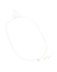 Silver Plated Cubic Zirconia Heart Necklace & Classic Stud Earrings Set - link has visual effect only