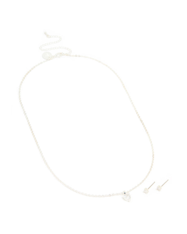 Silver Plated Cubic Zirconia Heart Necklace & Classic Stud Earrings Set