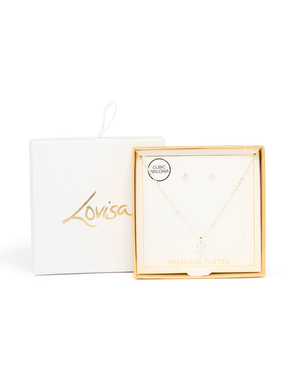 Silver Plated Cubic Zirconia Heart Necklace & Classic Stud Earrings Set