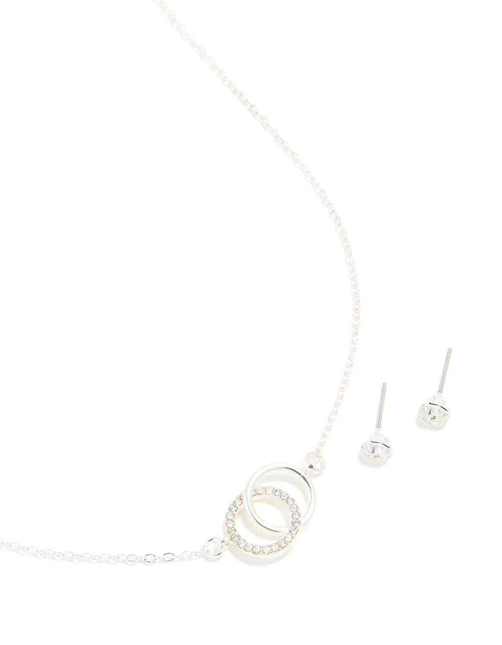Silver Diamante Linked Circle Necklace & Classic Stud Earrings Set