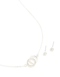 Silver Diamante Linked Circle Necklace & Classic Stud Earrings Set - link has visual effect only