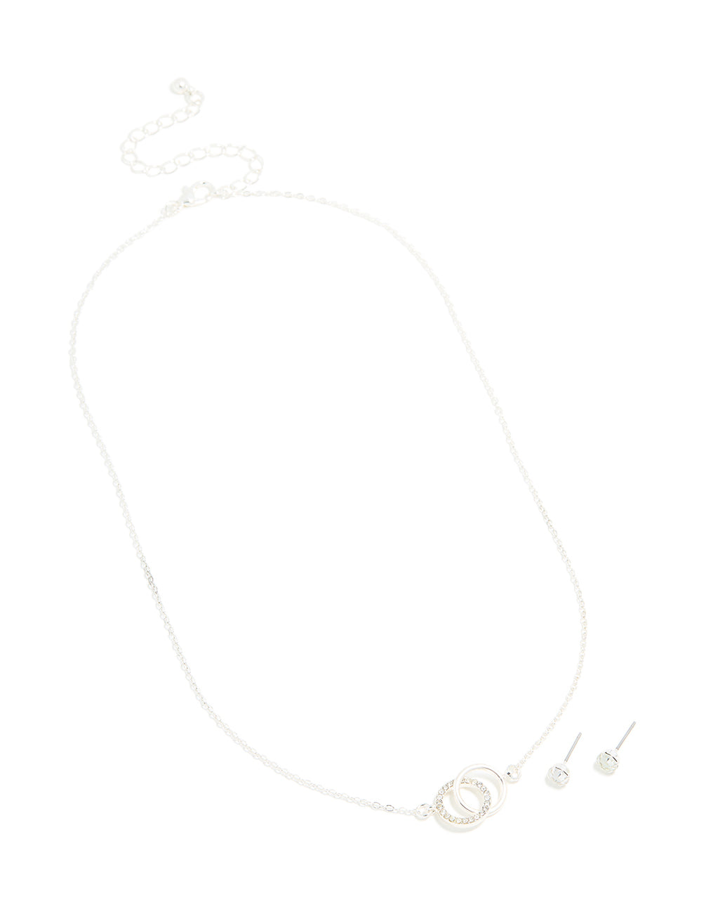 Silver Diamante Linked Circle Necklace & Classic Stud Earrings Set