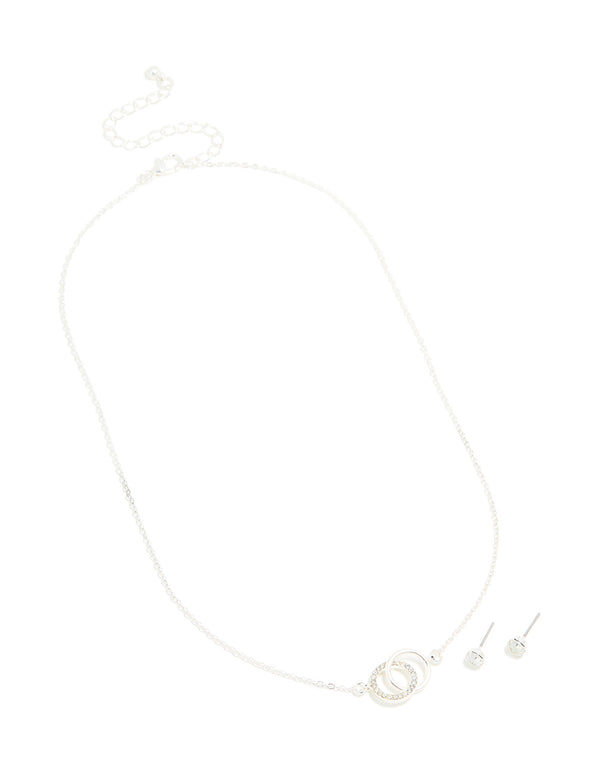 Silver Diamante Linked Circle Necklace & Classic Stud Earrings Set