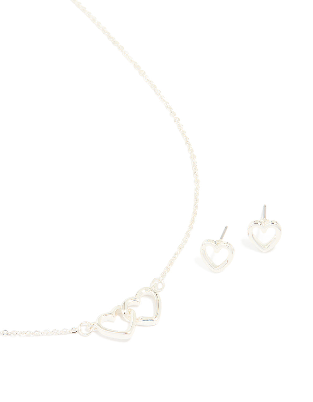 Silver Plated Double Heart Pendant Necklace & Heart Earrings Set