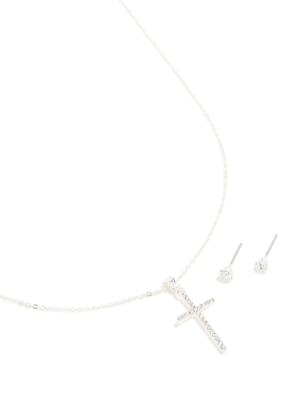 Silver Diamante Cross Necklace & Classic Stud Earrings Set