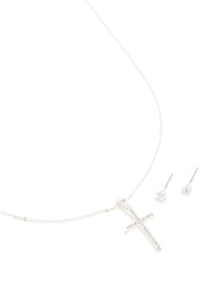 Silver Diamante Cross Necklace & Classic Stud Earrings Set - link has visual effect only