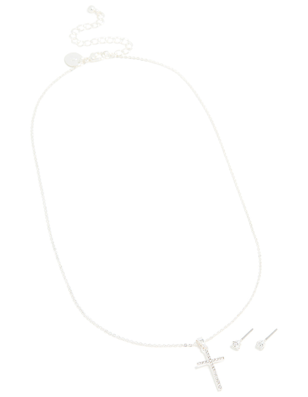 Silver Diamante Cross Necklace & Classic Stud Earrings Set
