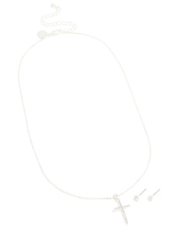 Silver Diamante Cross Necklace & Classic Stud Earrings Set - link has visual effect only