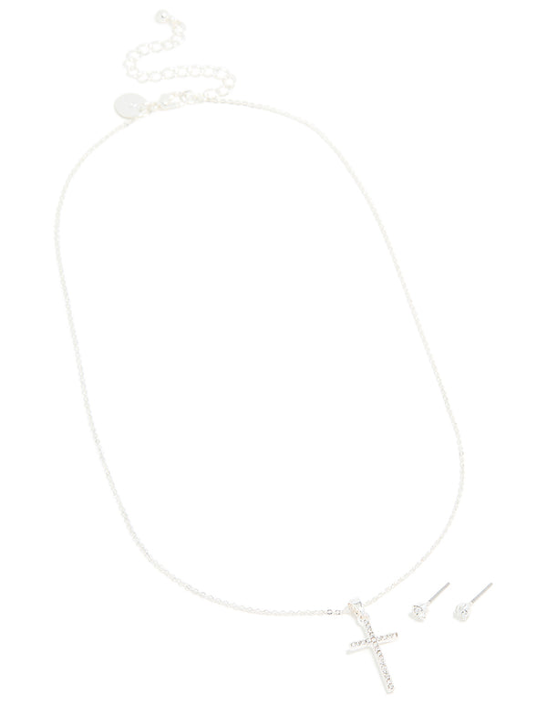 Silver Diamante Cross Necklace & Classic Stud Earrings Set