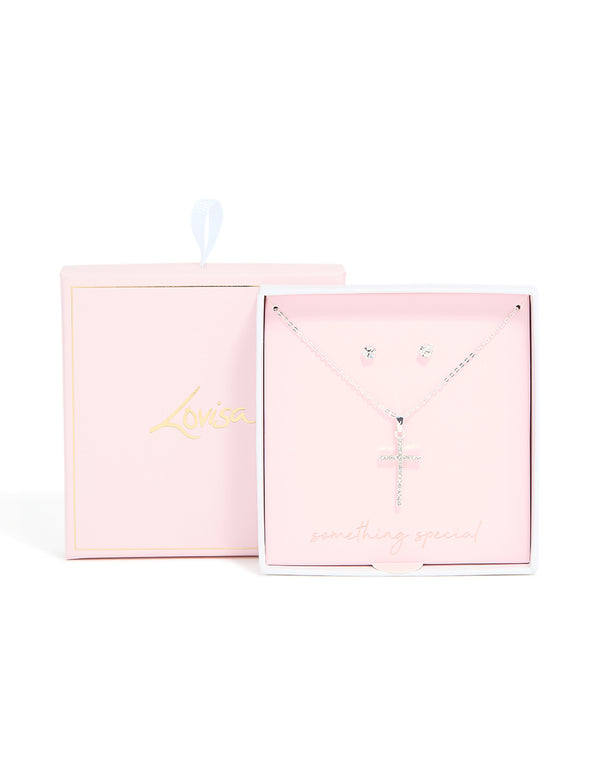 Silver Diamante Cross Necklace & Classic Stud Earrings Set