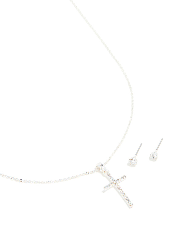 Silver Diamante Cross Necklace & Classic Stud Earrings Set