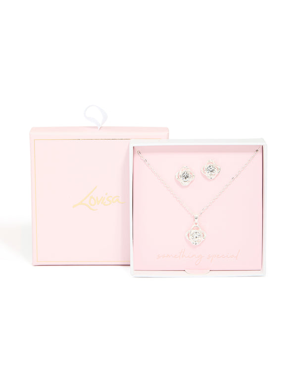 Silver Diamante Knotted Pendant Necklace & Stud Earrings Set