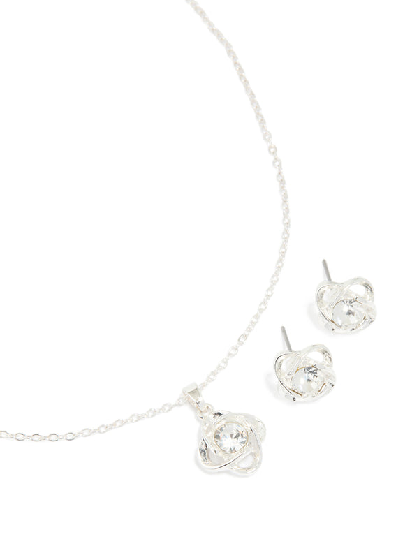 Silver Diamante Knotted Pendant Necklace & Stud Earrings Set